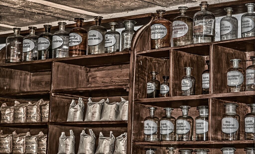 pharmacy, antique, old, chemicals, bottles, glass bottles, shelf, formerly, stock, container, bottle, drink, medicine, tools, heal, remedies