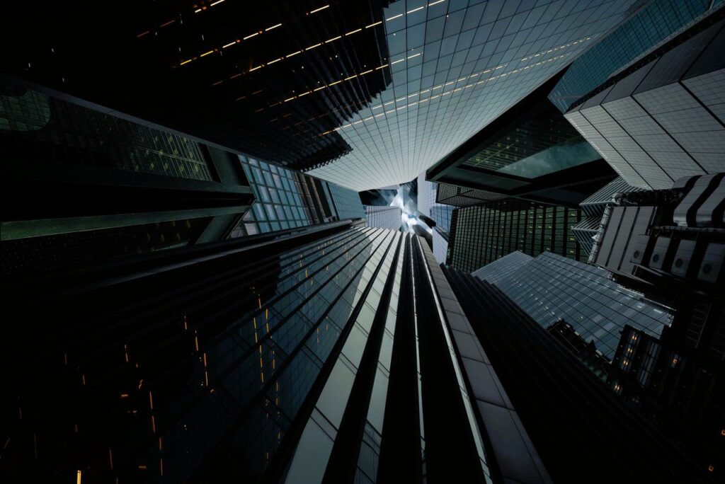 A stunning view of towering skyscrapers reaching towards the sky, displaying modern architecture.