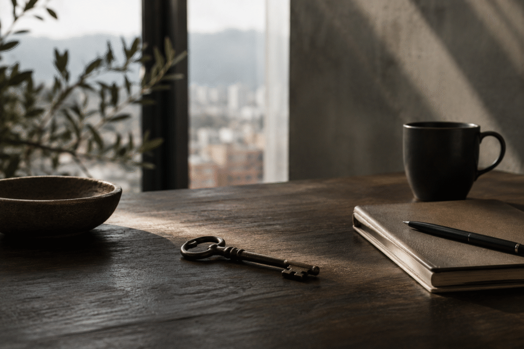 An artisanal key in an office overlooking Bogotá