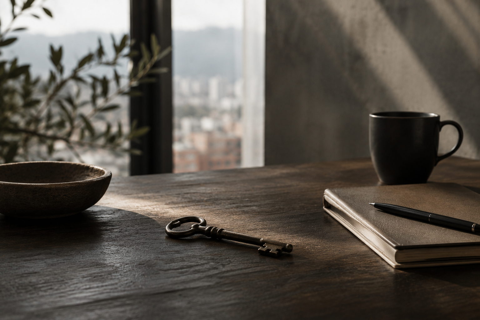 An artisanal key in an office overlooking Bogotá